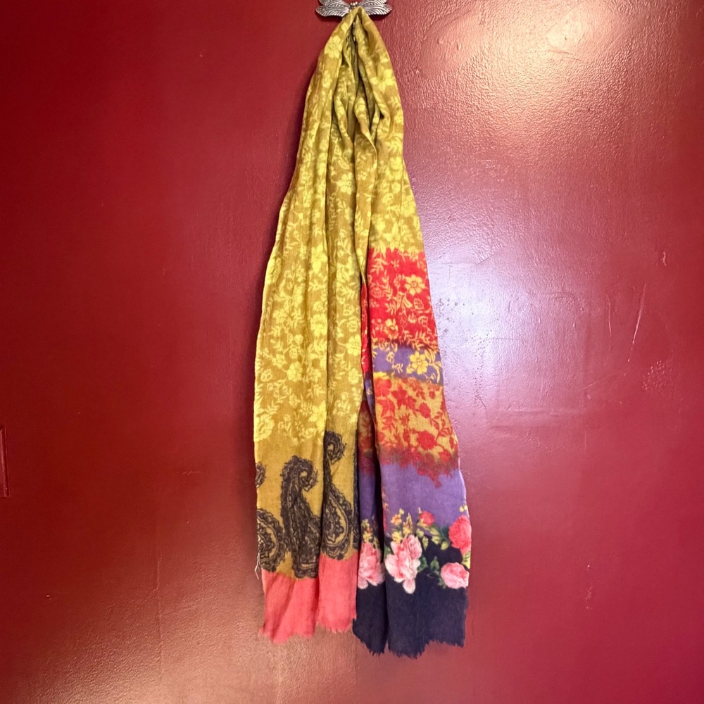 J. Jill 100% Wool Floral Paisley Mixed Print Scarf Yellow Pink Boho Hippie‎
